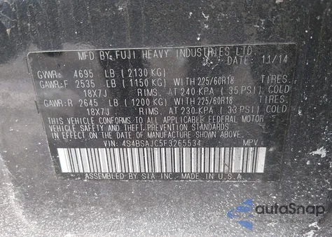 2015 Subaru Outback 2.5I Limited from USA, damaged, VIN 4S4BSAJC5F3265534